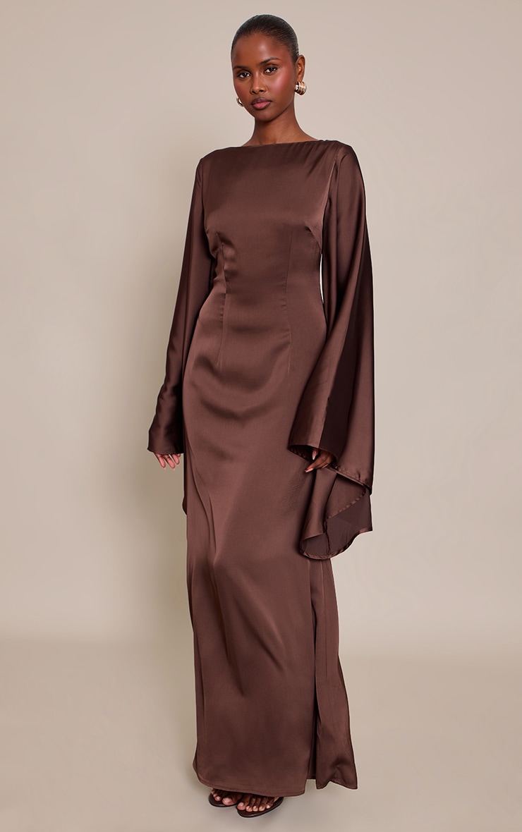 Chocolate Satin Flared Sleeve Maxi Dress | Dresses | PLT USA