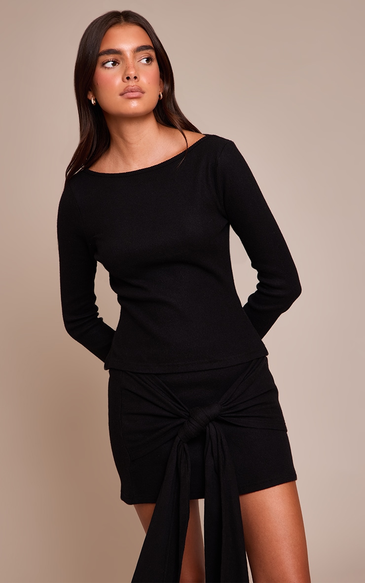 Black Thick Brushed Rib Flared Long Sleeve Top image 1