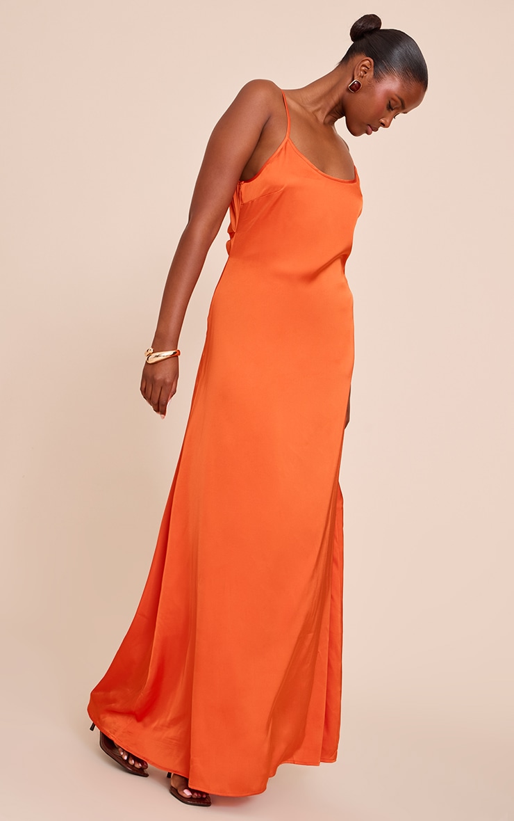 Orange Satin Scoop Neck Spaghetti Strap Maxi Dress image 3