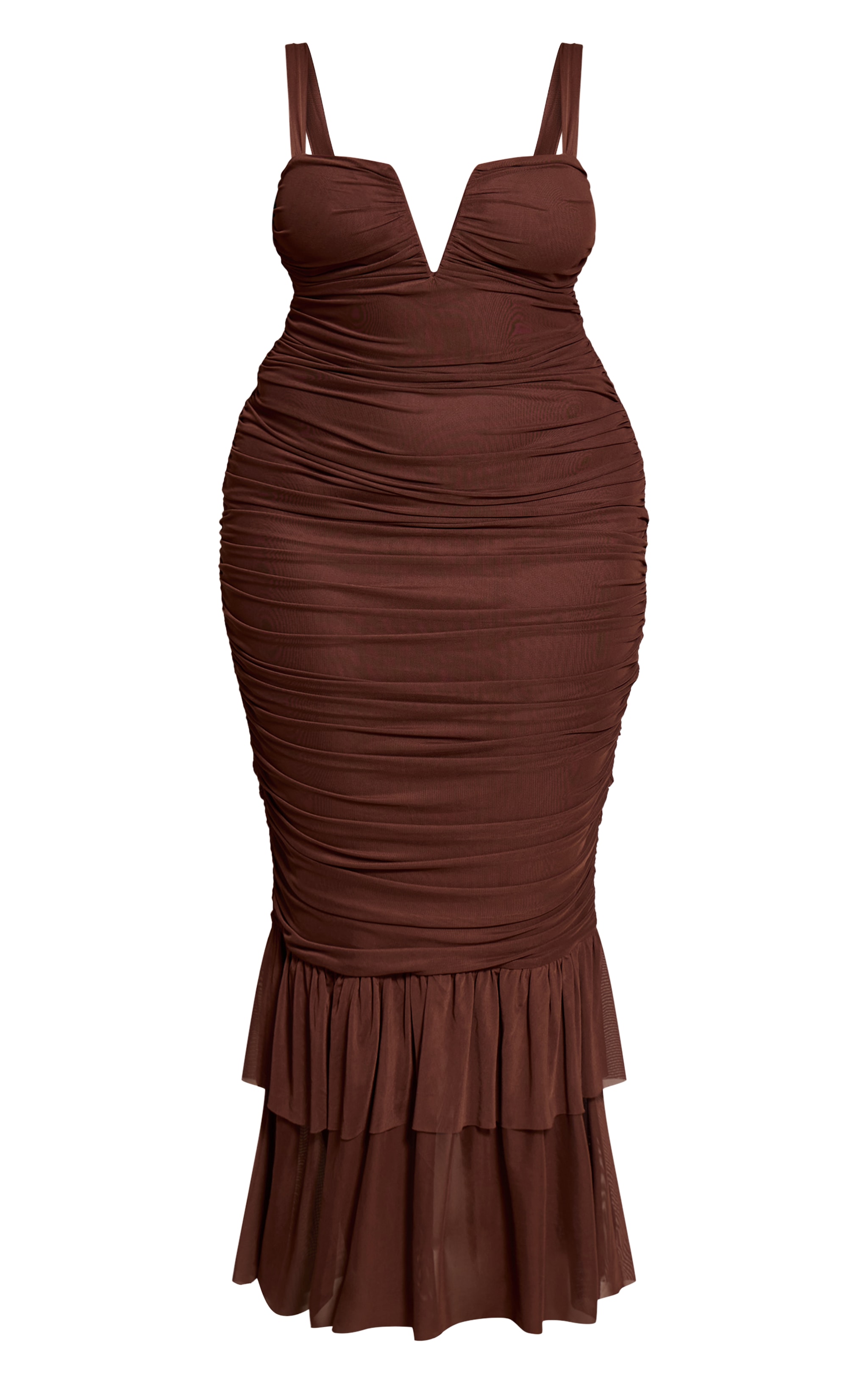 Plus Chocolate Mesh Plunge Neck Ruched Midaxi Dress image 5