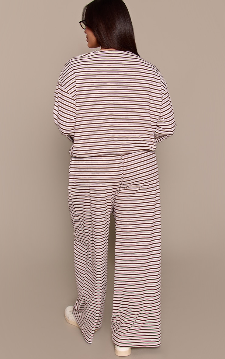 Plus Dark Brown Stripe Soft Rib Relaxed Elasticated Pants image 3