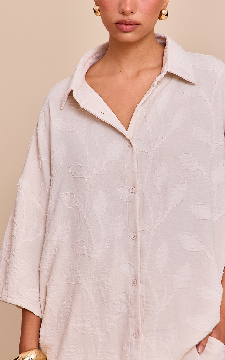 Cream Embroidered Floral Oversized Short Sleeve Shirt image 4