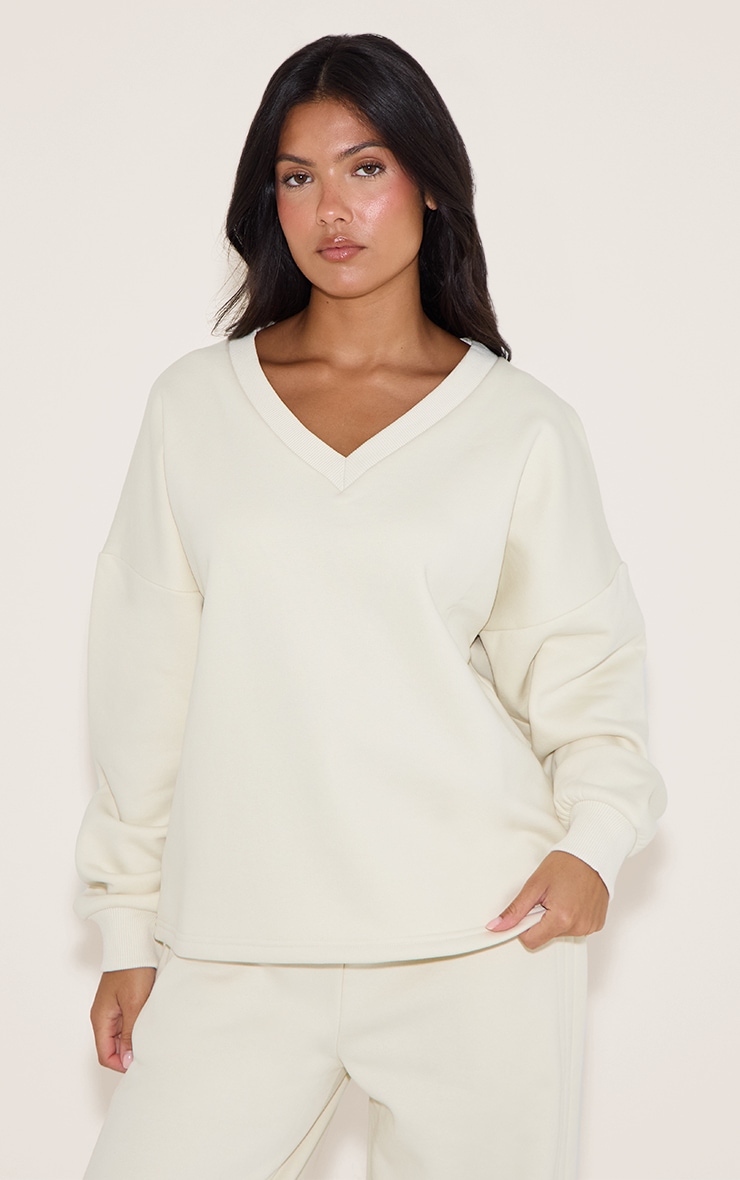 Cream V Neck Oversized Sweatshirt image 1