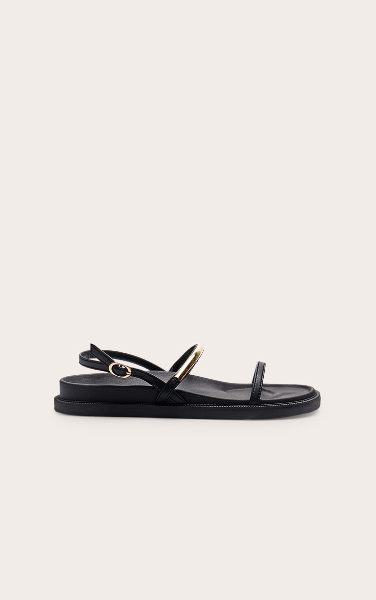 Black Pu Round Toe Gold Strap Footbed Sandals image 2