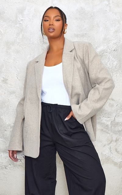 Plus Taupe Wool Look Brushed Tailored Blazer