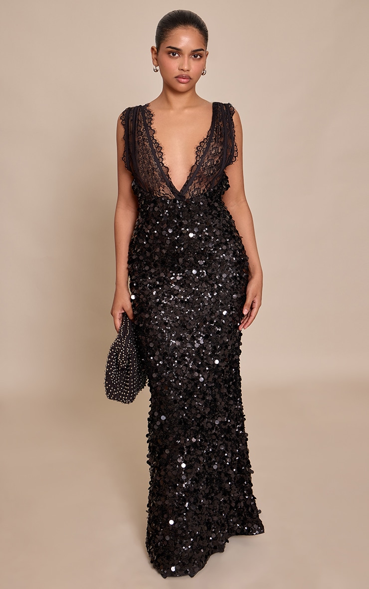 Petite Black Sequin Lace Strap Detail Maxi Dress image 1