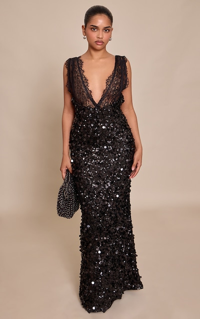 Petite Black Sequin Lace Strap Detail Maxi Dress