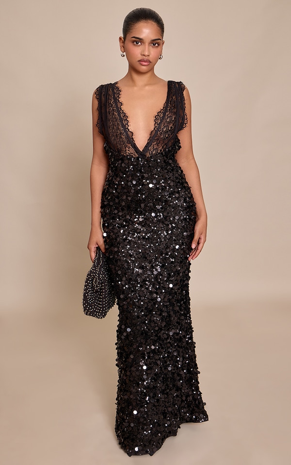 Petite Black Sequin Lace Strap Detail Maxi Dress