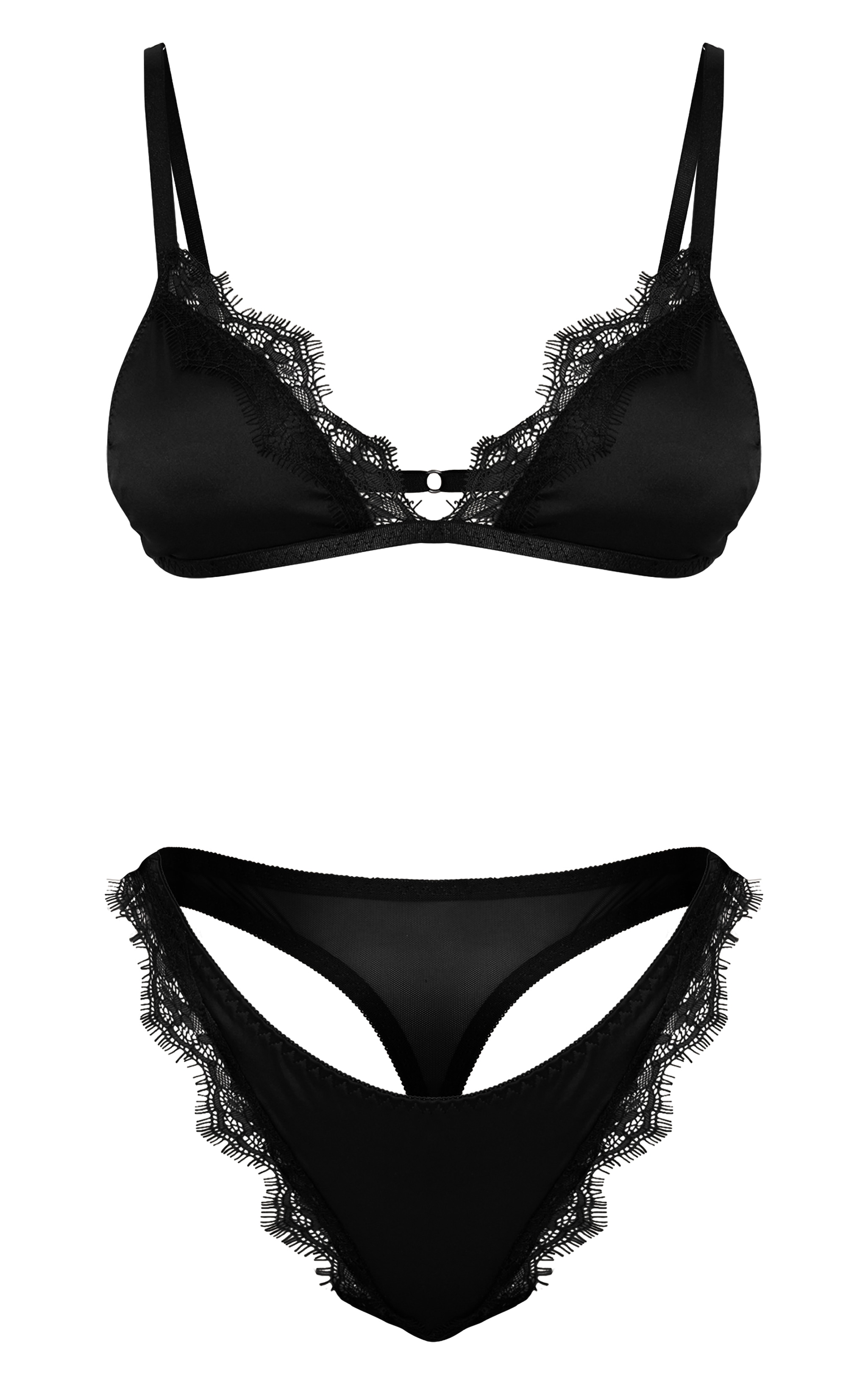 Black Satin Lace Trim Triangle Bra Thong Lingerie Set image 5