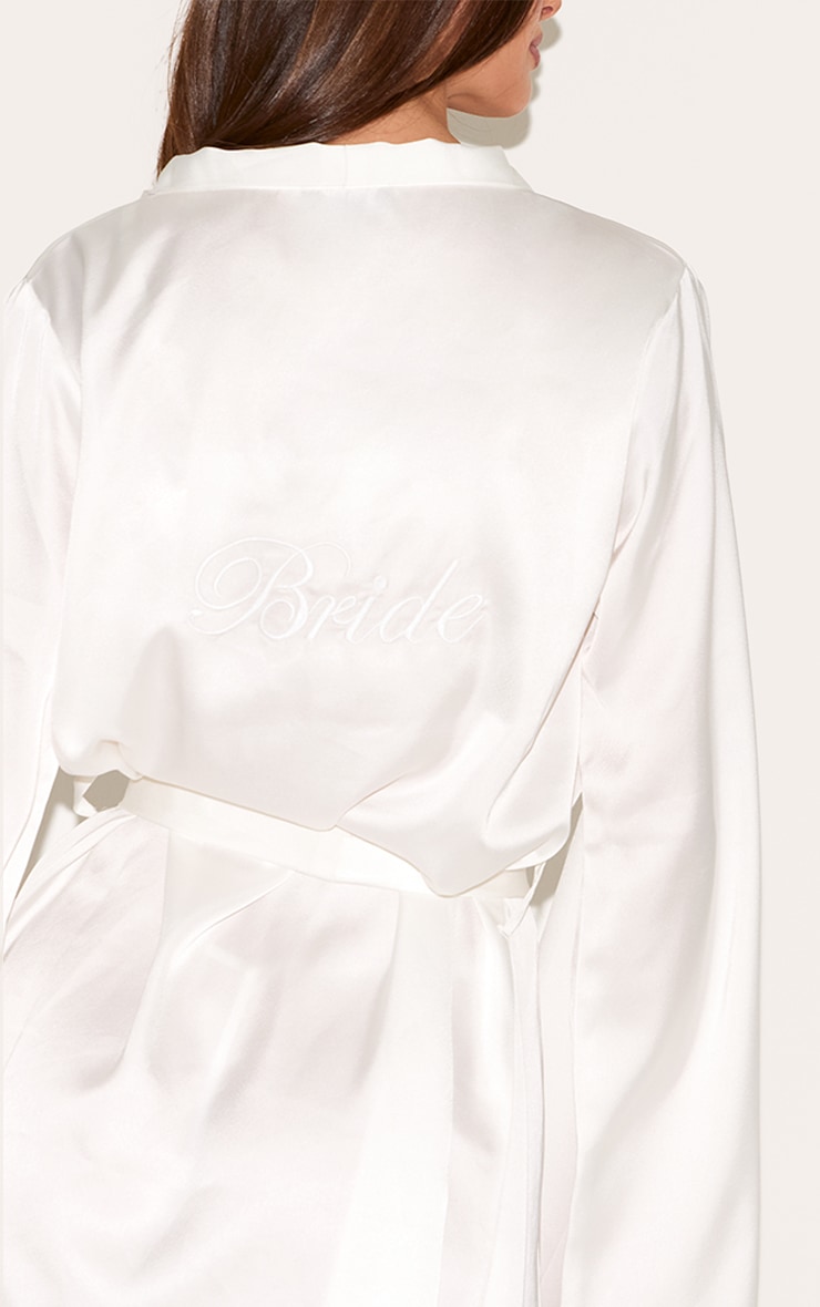 White Embroidered Bride Satin Robe image 4