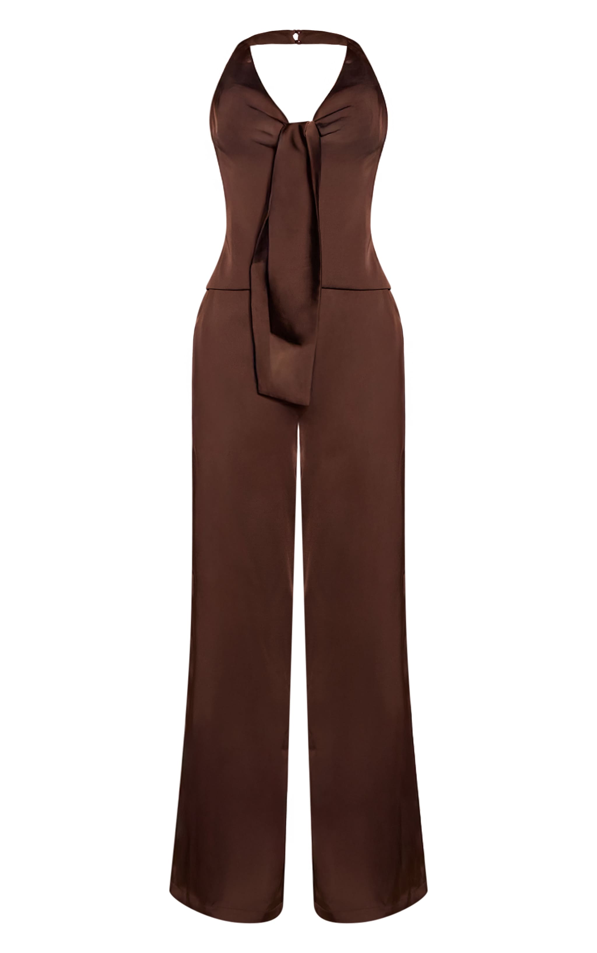 Chocolate Satin Tie Front Wide Leg Jumpsuit image 5
