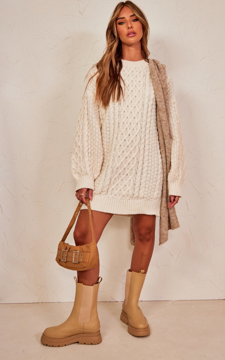 Cream Chunky Cable Knit Jumper Dress image 1