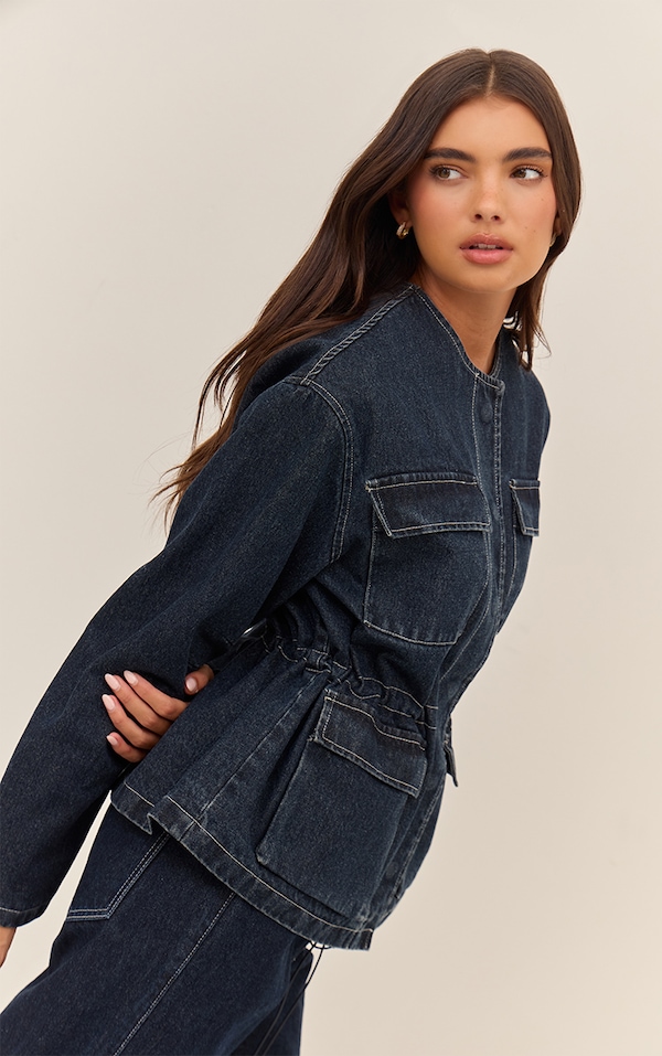 Indigo Round Neck Pocket Front Cinch Denim Jacket