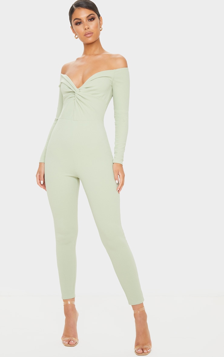 Sage Green Bardot Twist Front Jumpsuit PrettyLittleThing