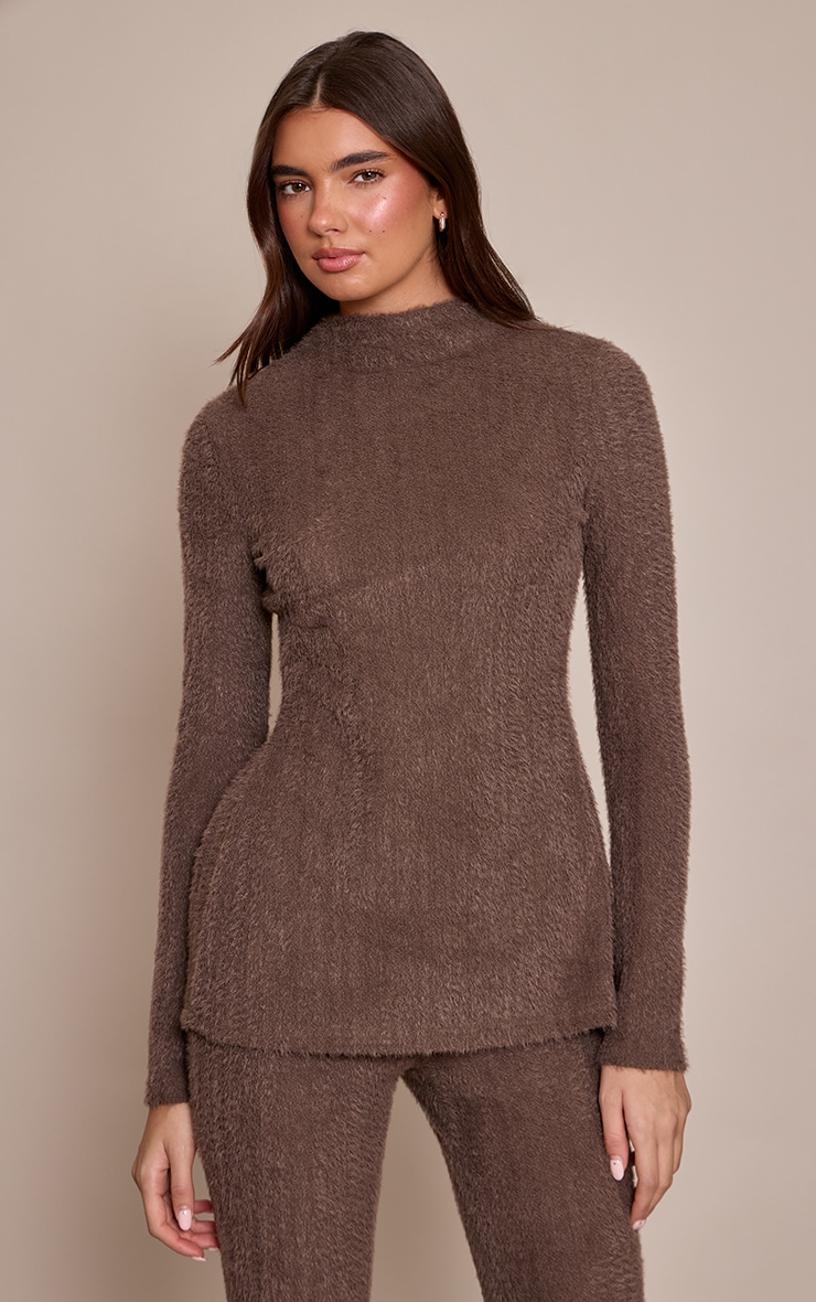 Dark Taupe Brushed Textured Tie Back Long Top