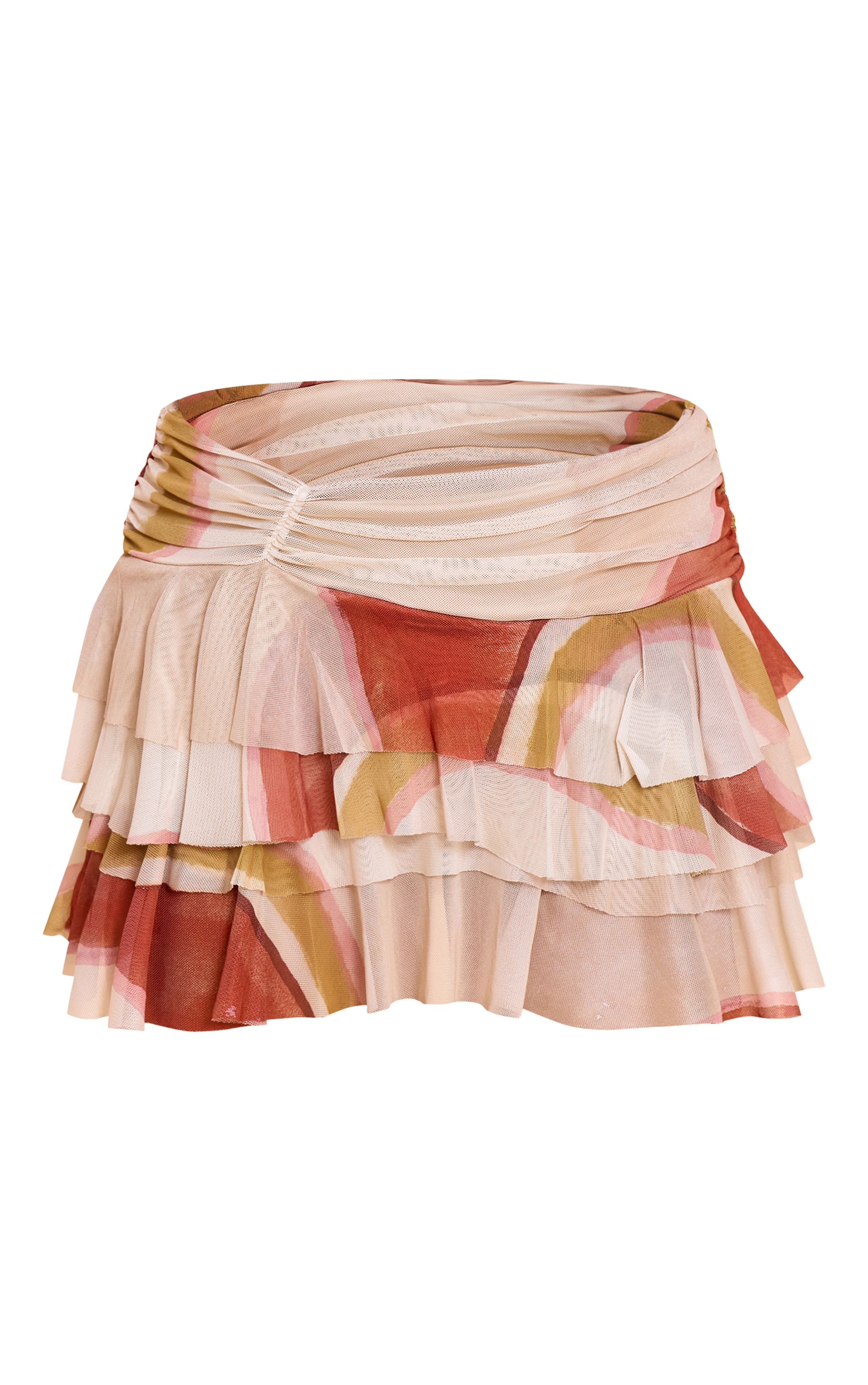 Beige Printed Mesh Frilly Low Waist Mini Skirt image 6