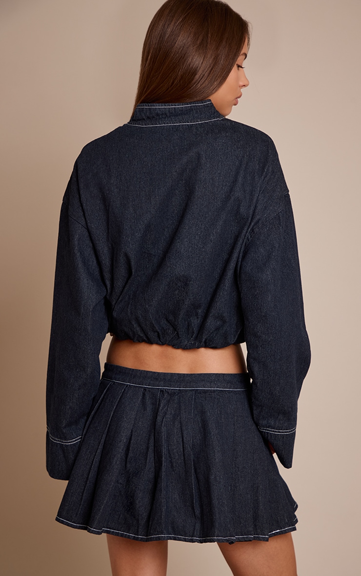 Indigo Bubble Hem Cropped Denim Bomber Jacket image 2