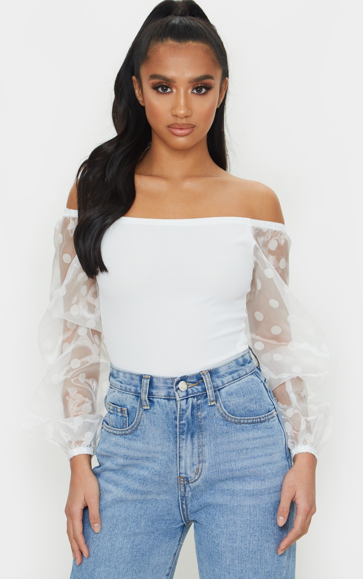 Petite White Ribbed Polka Dot Organza Sleeve Bodysuit