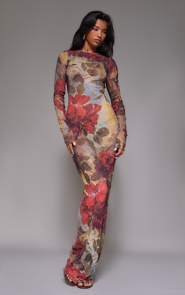 Dark Green Abstract Print Crinkle Mesh Midaxi Dress PrettyLittleThing AUS