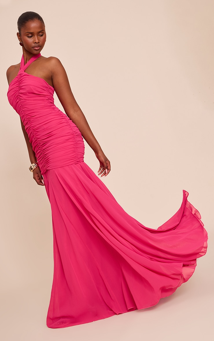 Fuschia Chiffon Halterneck Ruched Dropped Waist Maxi Dress image 1