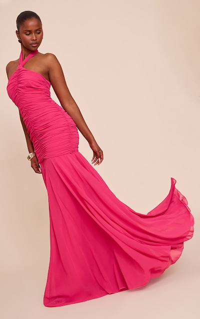 Fuschia Chiffon Halterneck Ruched Dropped Waist Maxi Dress