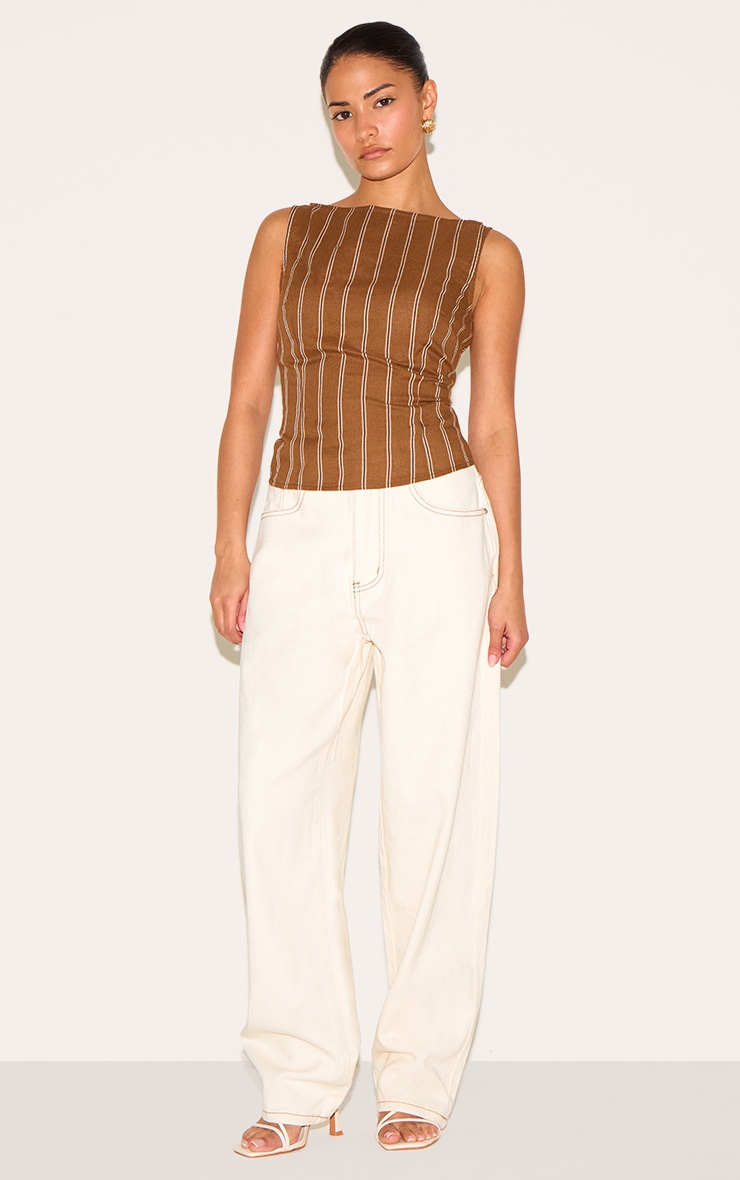 Petite Chocolate Woven Pinstripe Boatneck Top image 3