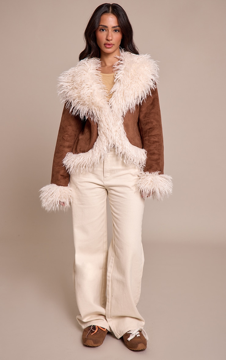 Petite Brown Faux Suede Fur Trim Afghan Coat image 3