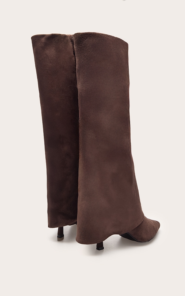Chocolate Faux Suede Stiletto Foldover Knee High Boots image 4