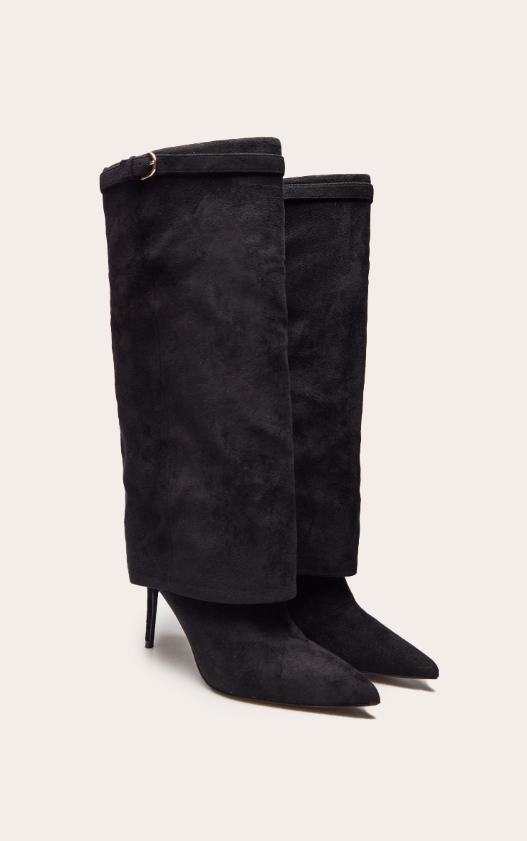 Black Faux Suede Fold Over Heeled Knee High Boot image 3