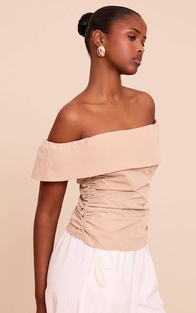 Beige Woven Bardot Ruched Side Long Top