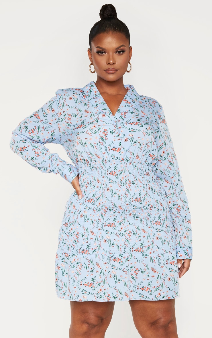 Plus Dusty Blue Ditsy Floral Shirred Shirt Detail Skater Dress