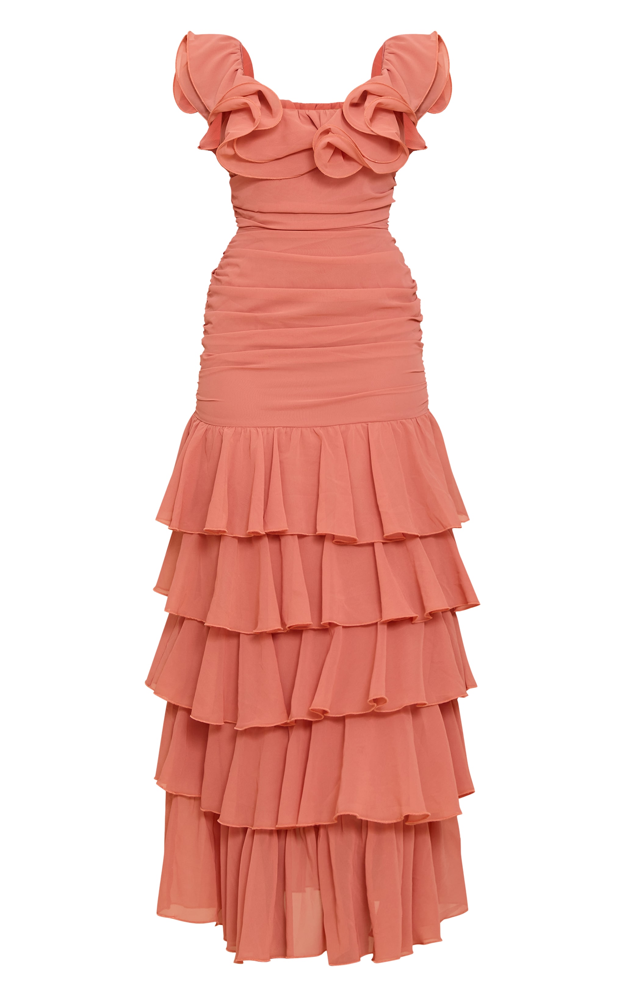 Blush Chiffon Ruched Ruffle Maxi Dress image 5