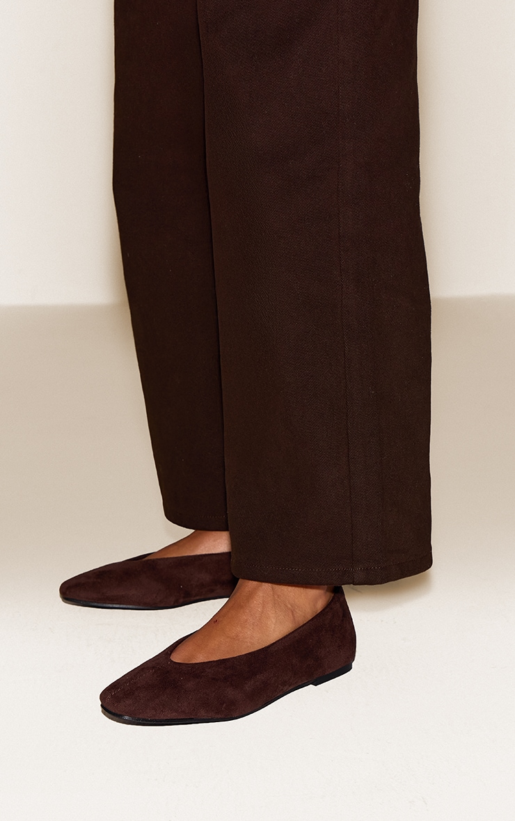Chocolate Faux Suede Square Toe Seam Detail Ballet Flats image 1