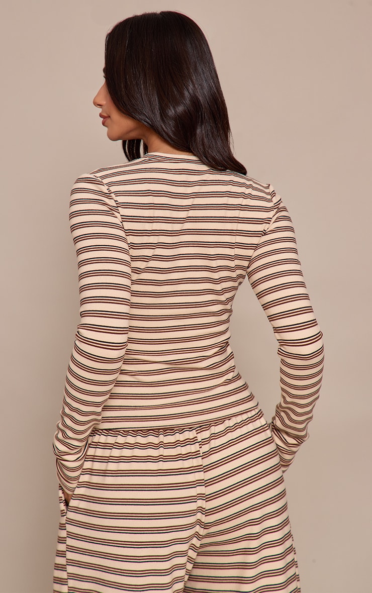 Petite Beige Striped Soft Fleece Long Sleeve Top image 2