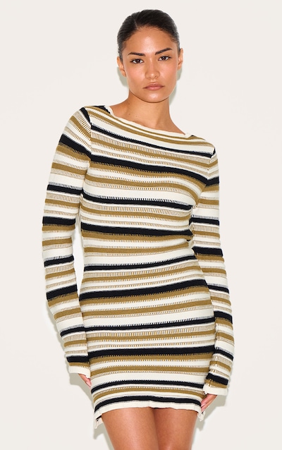 Petite Green Knitted Stripe Long Sleeve Mini Dress