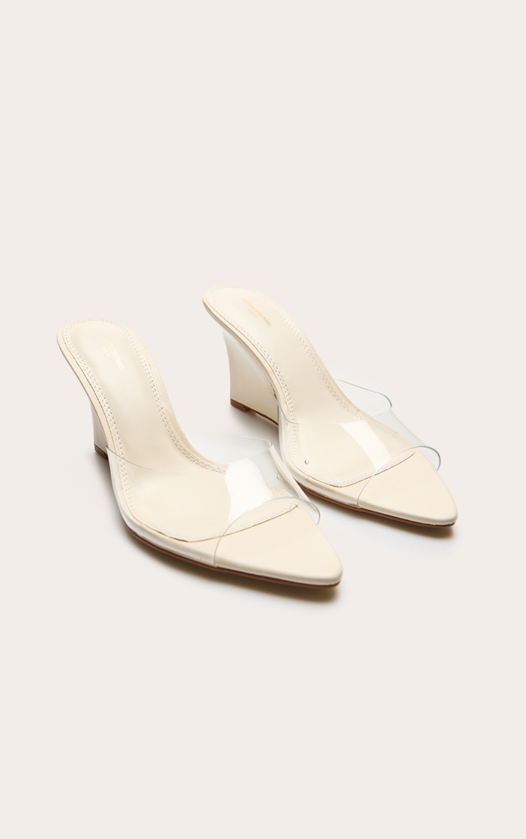 Ecru Wide Fit Pu Point Toe Perspex Strap Heeled Wedges image 3