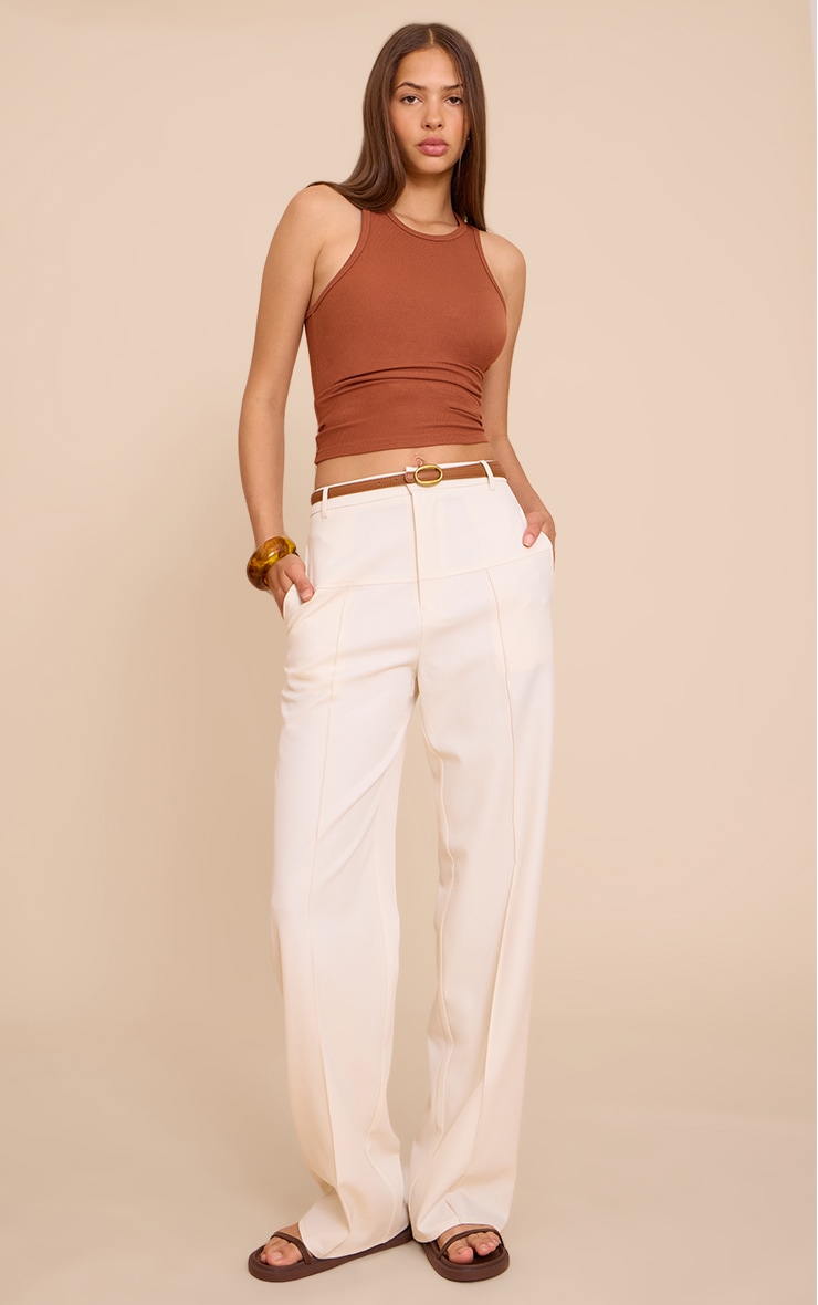 Cream Tailored Thick Belted Waistband Detail Wide Leg Trousers image 4