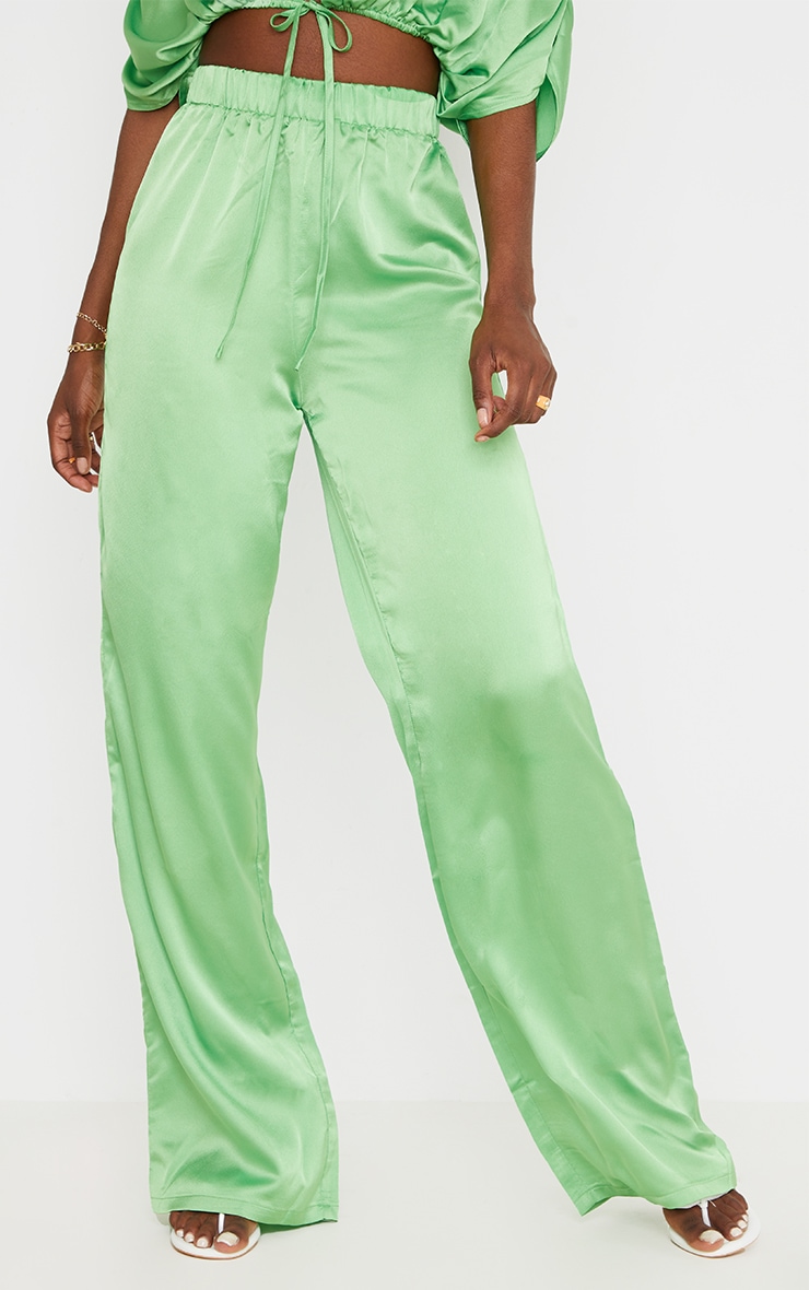 Tall Green Satin High Waisted Ruched Wide Leg Trousers image 2