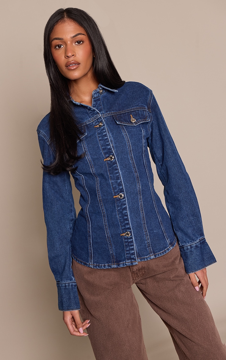 Tall Dark Indigo Long Sleeve Fitted Denim Shirt