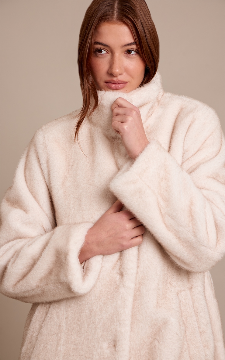 Cream Faux Fur Funnel Neck Maxi Coat image 4