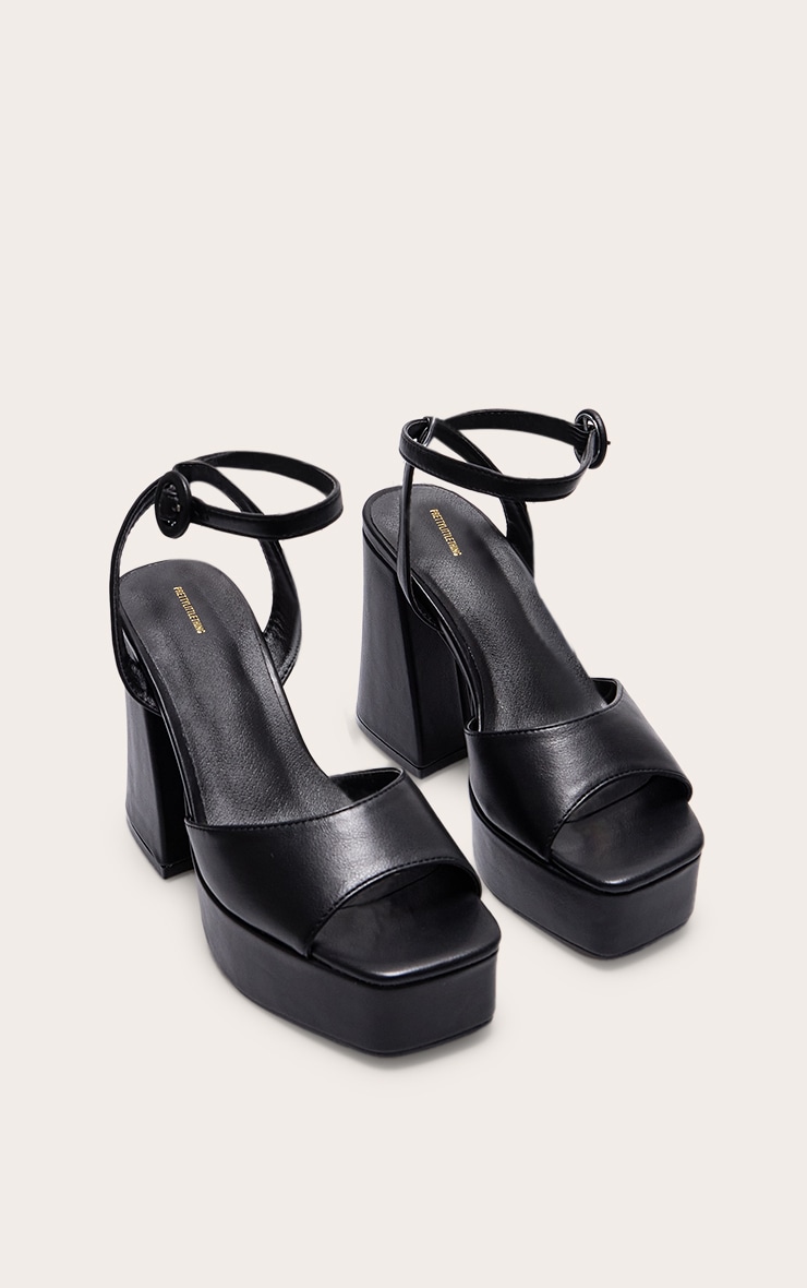 Black PU Strap Detail Flare Platform Heeled Sandals image 2