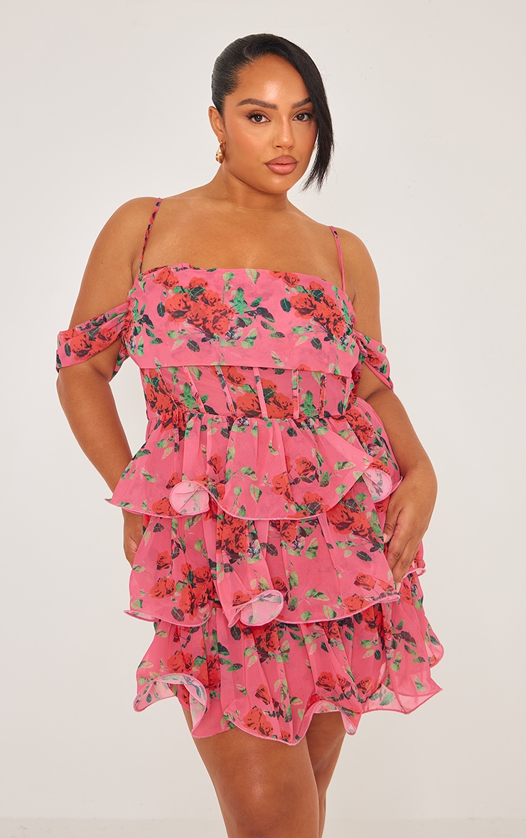 Plus Pink Floral Printed Ruffle Bodycon Dress PrettyLittleThing