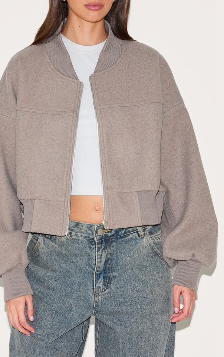 Taupe Ruched Sleeve Cropped Bomber Jacket image 4