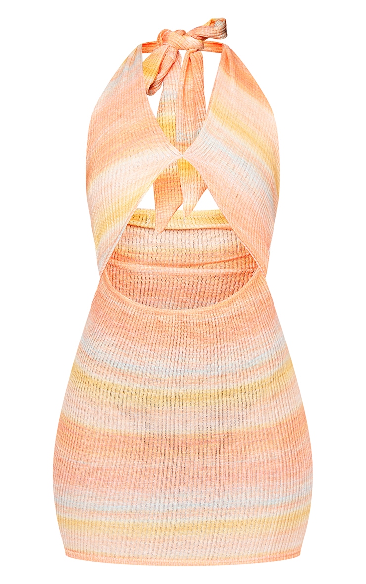 Orange Swirl Print Rib Halterneck Cut Out Bodycon Dress image 5