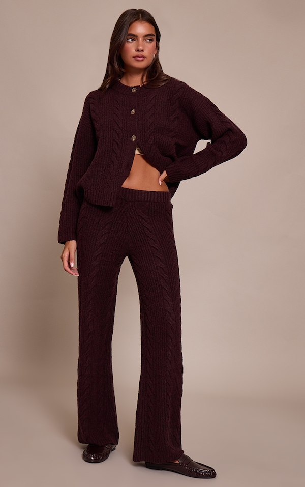 Pantalon en maille tricot torsadée prune chocolat