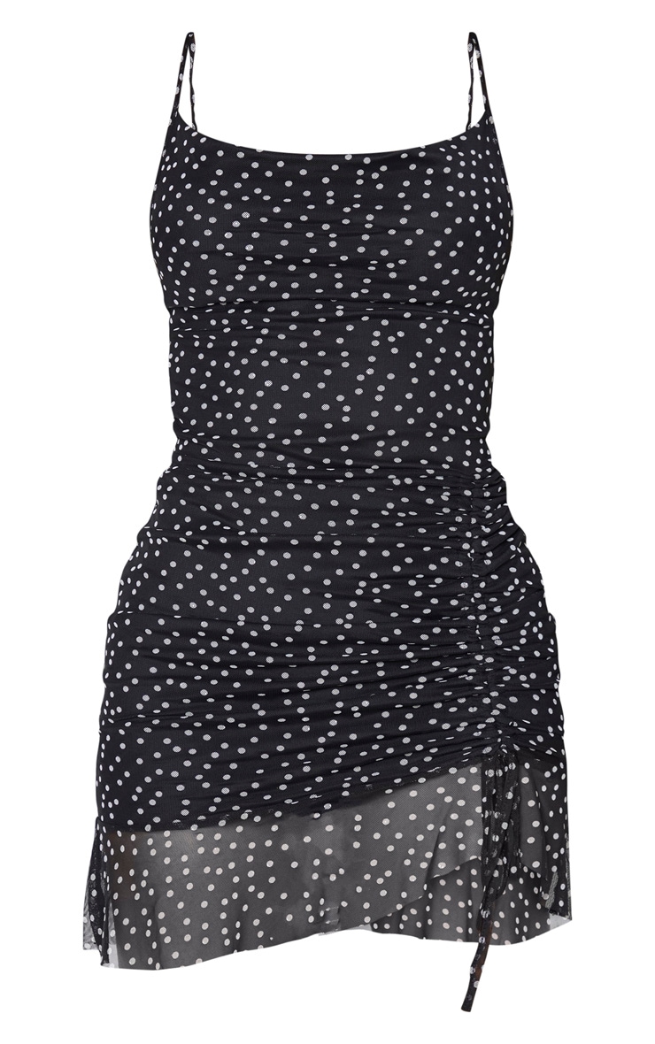 Tall Black Polka Dot Mesh Cowl Neck Ruched Side Bodycon Dress image 5