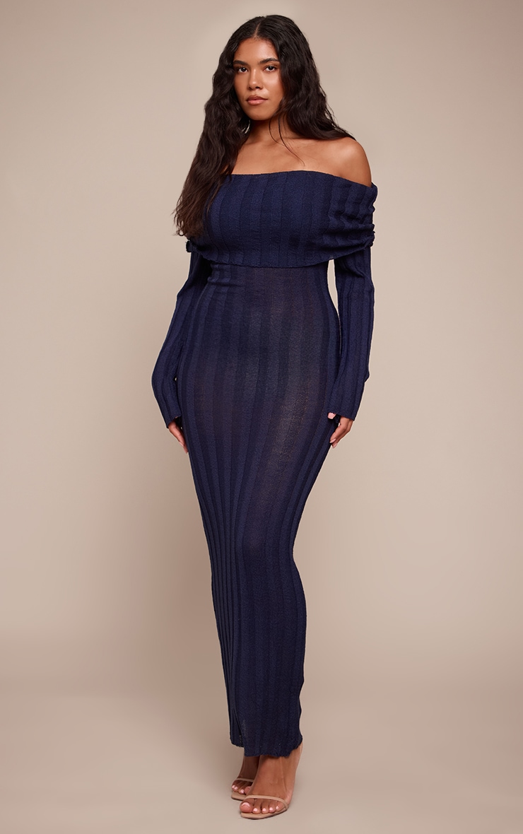 Shape Navy Fold Over Bardot Rib Maxi Dress image 1