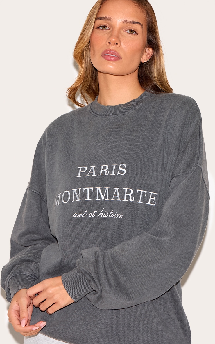 Charcoal Washed Paris Montmarte Print Oversized Sweatshirt image 4
