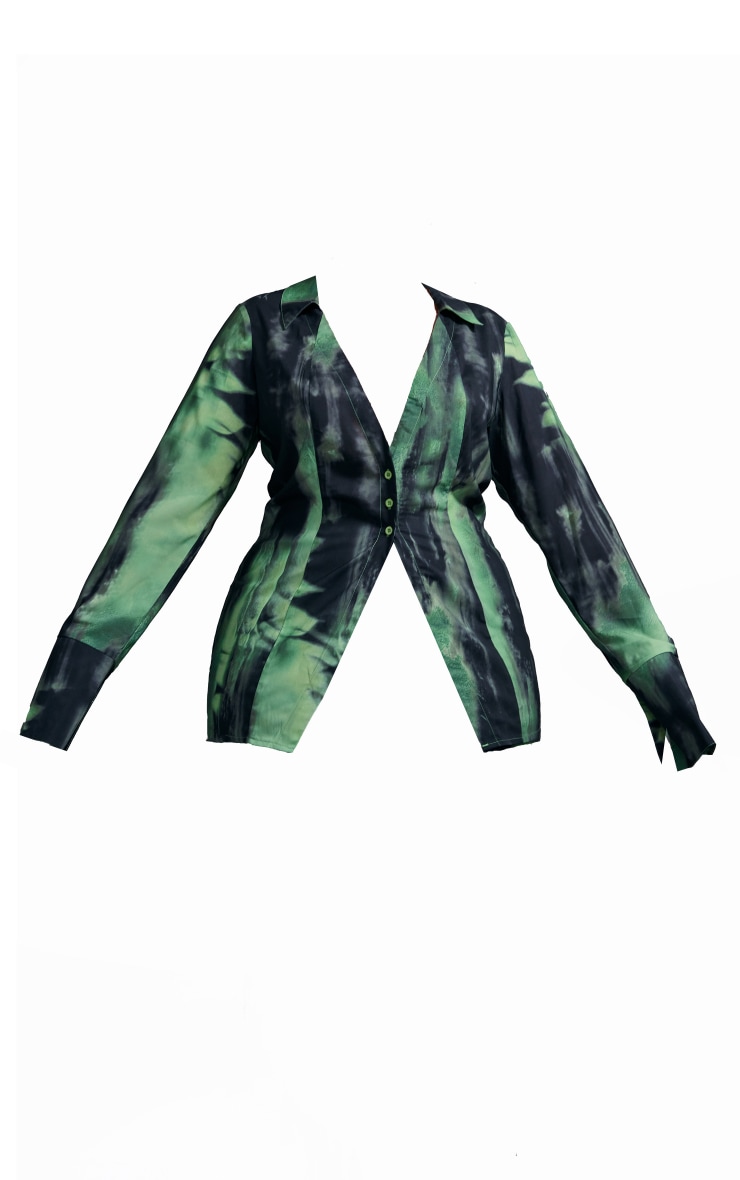 Plus Green Grunge Print Chiffon Fitted Shirt image 5