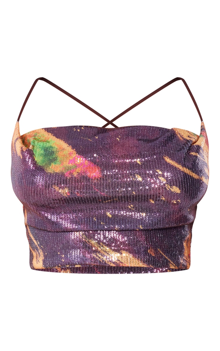 Black Printed Sequin Cowl Neck Crop Top image 1